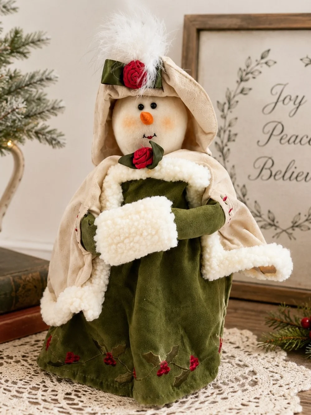 Festive Olive Green Snowwoman Figurine with Cream Trim